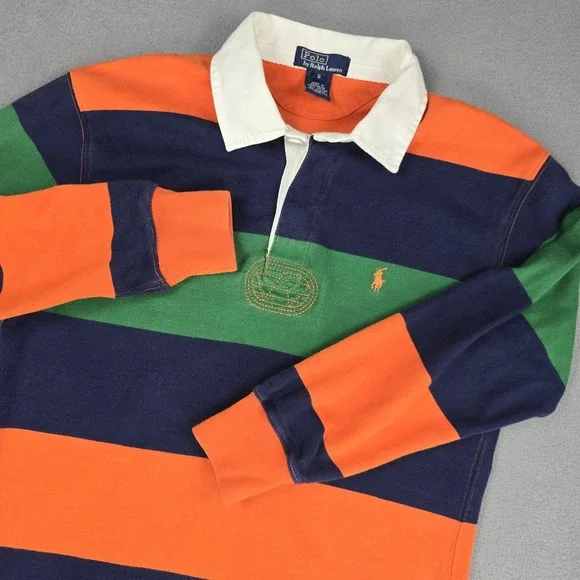 Polo Ralph Lauren Rugby Shirt Mens Small Orange Green Navy Striped Long Sleeve - Picture 2 of 11